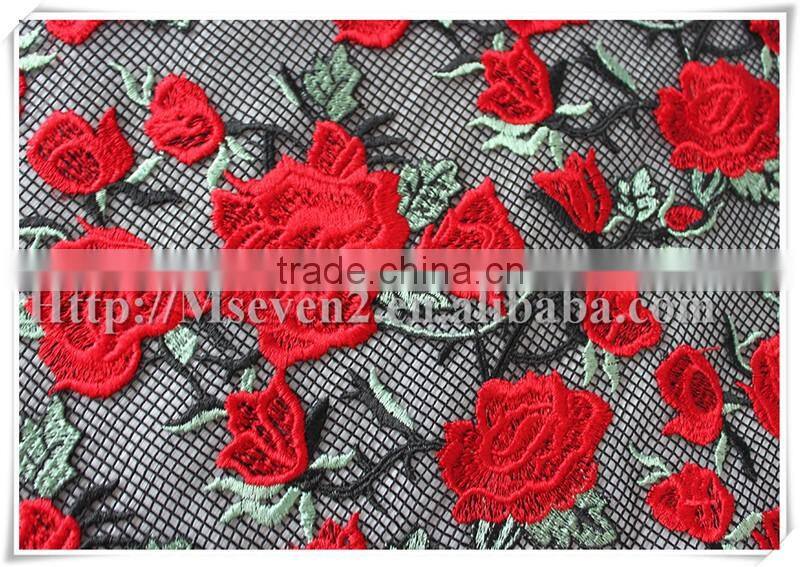 In Stock african big red rose embroidered dress fabric wholesale