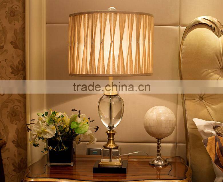 Gold plated metal clear K9 crystal table lamp with round fabric lampshade