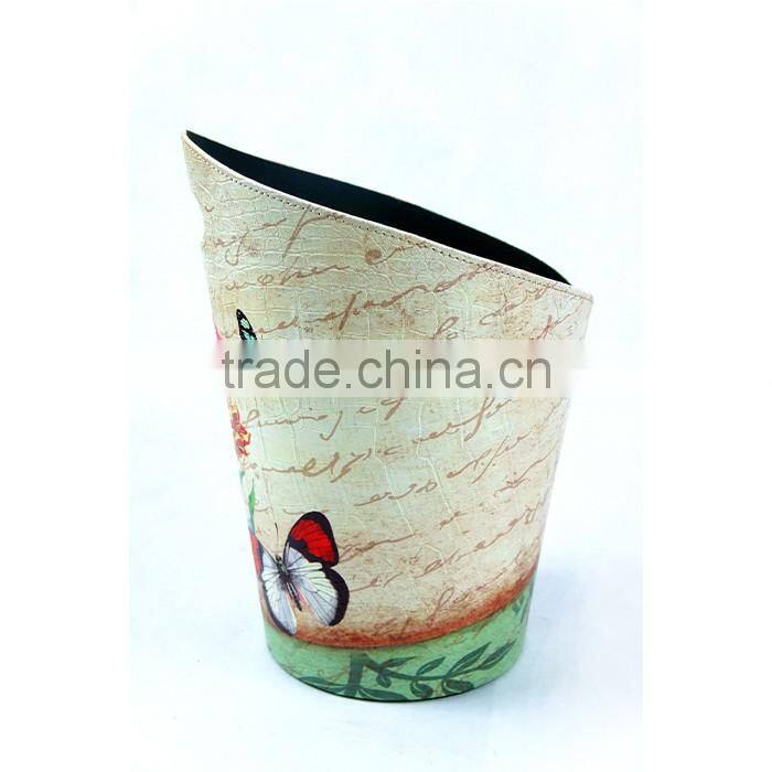Beautiful Flower Print Waste Bin Faux Leather Trash Container With Handle