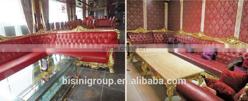 BISINI Exquisite Solid Wood Carved Sofa Set Gold Foil Lobby Leather Sofa Set For Hotel Lobby