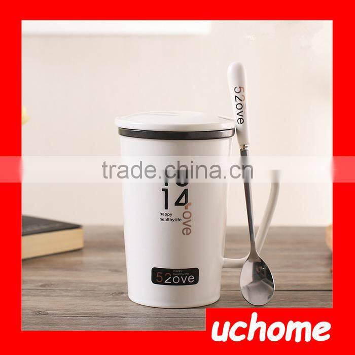 UCHOME Black And White Ceramic Couple Milk Mug Cups With Lid And Spoon