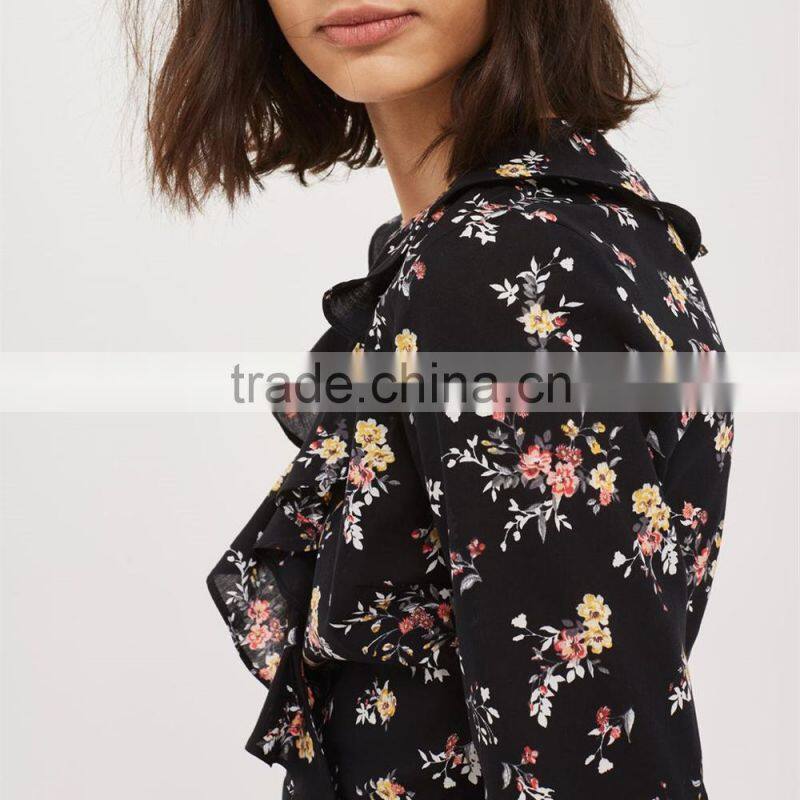 Ruffle Cuffs V-Neckline Flower Print Ruffle Wrap Top Ladies Tops Latest Design