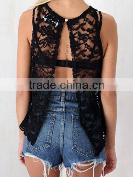 2015 wholesale low price sleeveless Sheer Lace Cutout open Split Back see through Top vest blouse
