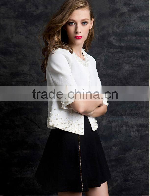 2014 new fashion white pearl line beaded lace mid sleeve elegant jacket