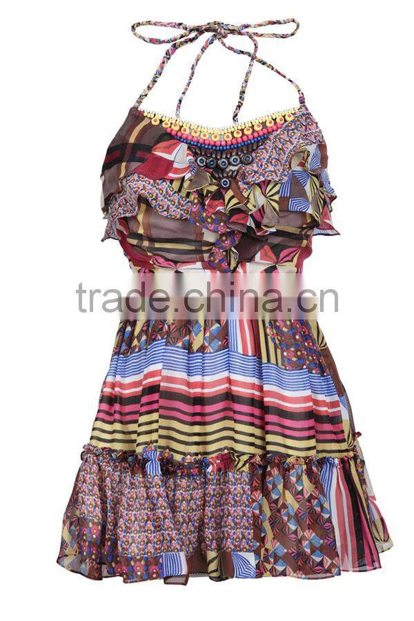 Fashion clothing factory direct woven ladies' pleated printed cheap chinese clothing with spaghetti straps
