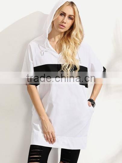 Women's Multi color Contrast Hooded Oversized Short Sleeve Sweatshirt