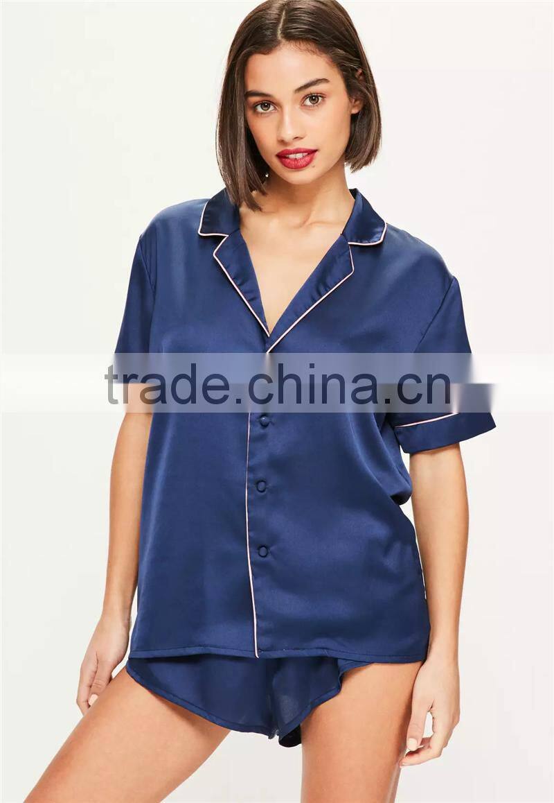 MGOO 2017 New Arrival Custom Satin Silk Pyjamas Logo Embroidered Back Long Sleeves Sleepwear Sets Ladies