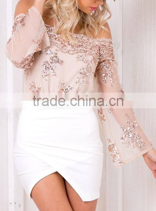 Runwaylover 116 New Design 2017 Ladies Sexy Off-Shoulder Sequins Embroidery Bodysuits