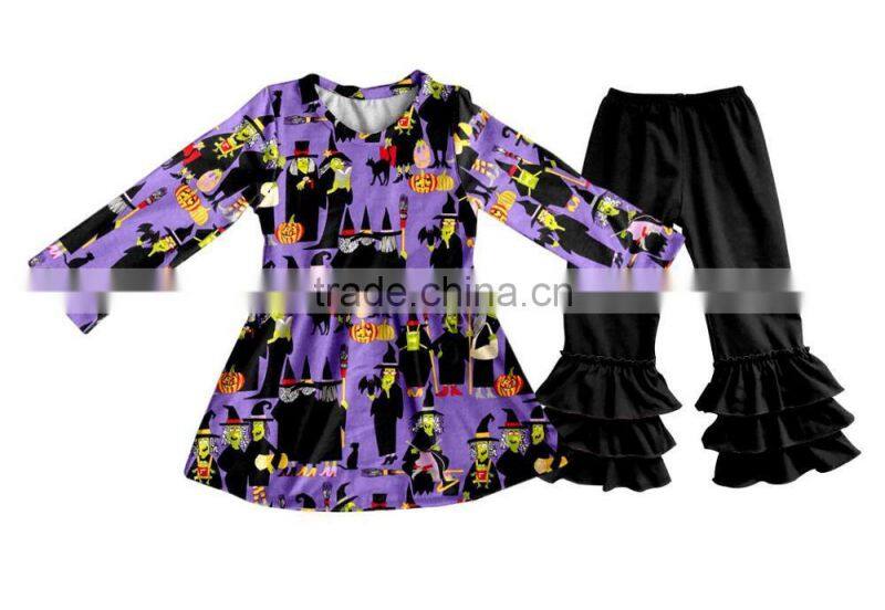 Wholesale fall winter print halloween clothing triple ruffle baby clothes clothing set