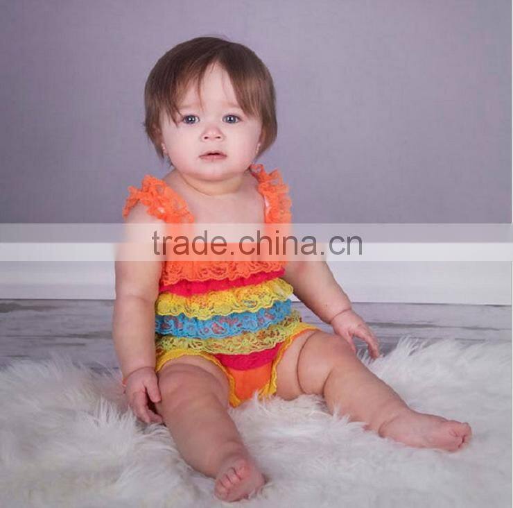 Factory cheaper wholesale colorful baby boutique lace romper kids clothing wholesale 2015 baby petti rompers