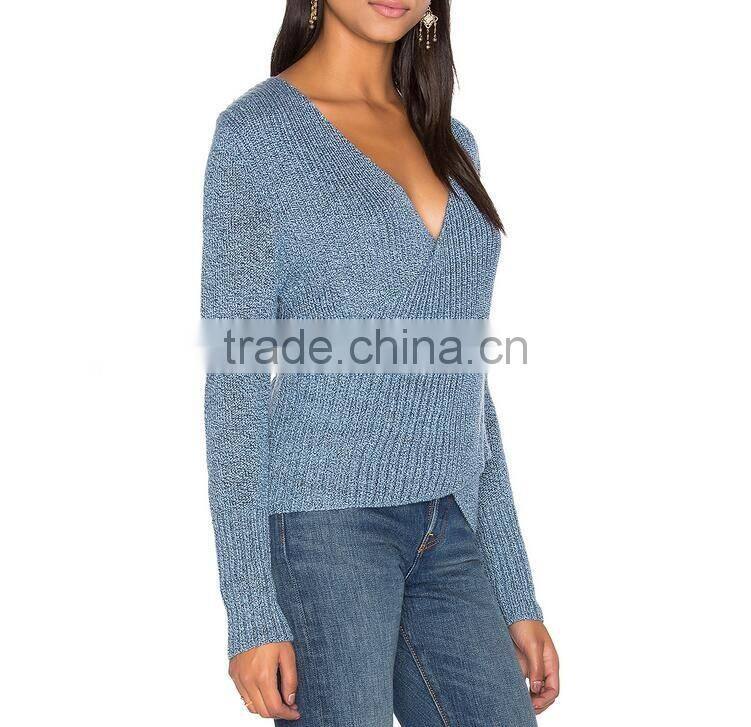 Blue plain custom v-neck sweater for women pullover sweater dress
