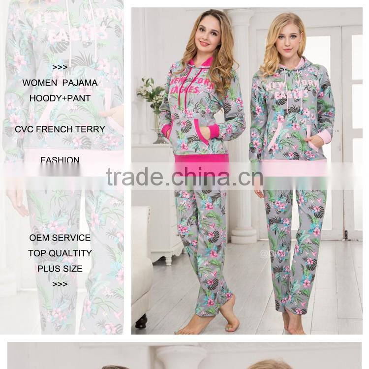 Wholesale custom women fancy printed pajama hoody+pant cvc french terry comfortable design winter pajamas set for women