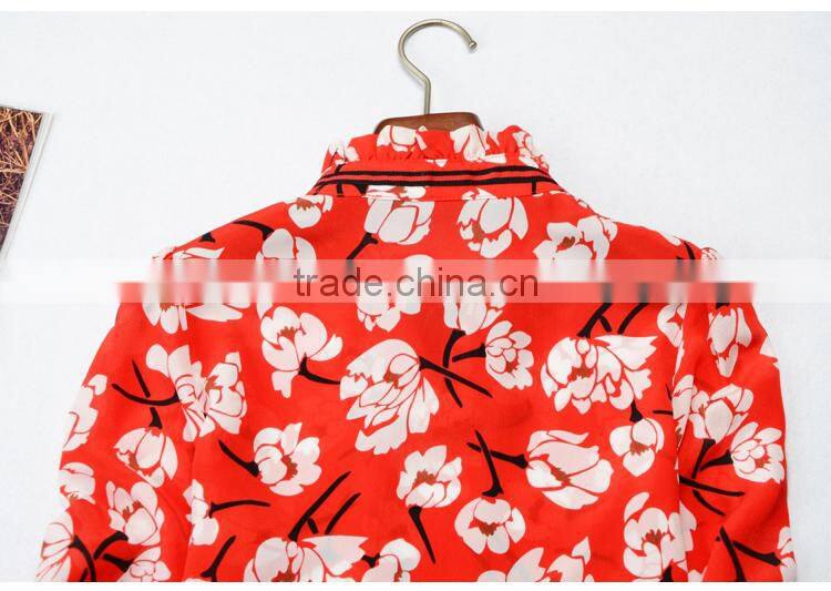 wholesale custom long sleeve silk blouse printing red floral high-necked daily top for ladies summer Blouse