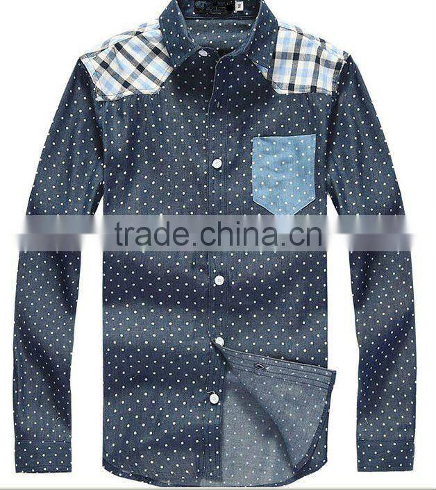 latest 100% cotton light blue dot denim cowboy long sleeve casual shirt for men with one pocket
