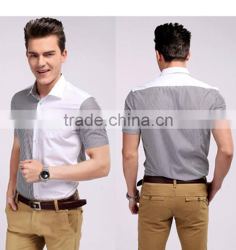 Wholesale cotton short sleeve matched stripe &solid color model man shirt