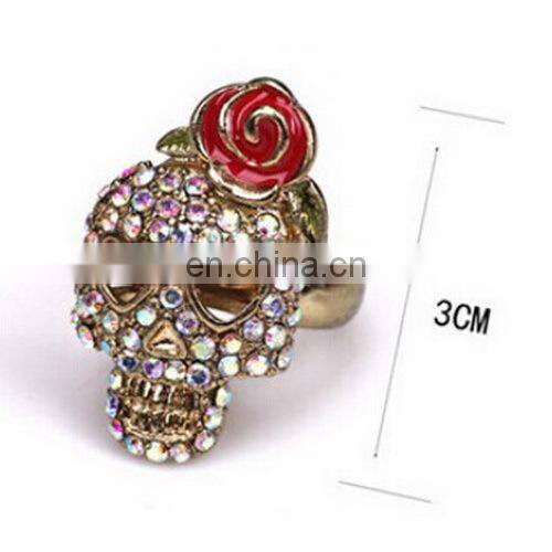 Fashion Jewelry High Quality Vintage Enamel Flower Rhinestone Skull Women's Alloy Finger Ring