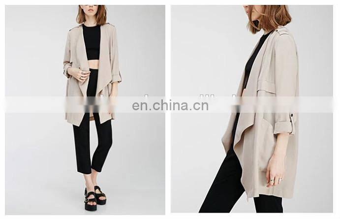 Styleish and classic collarless draped open front trench jacket of women NT201