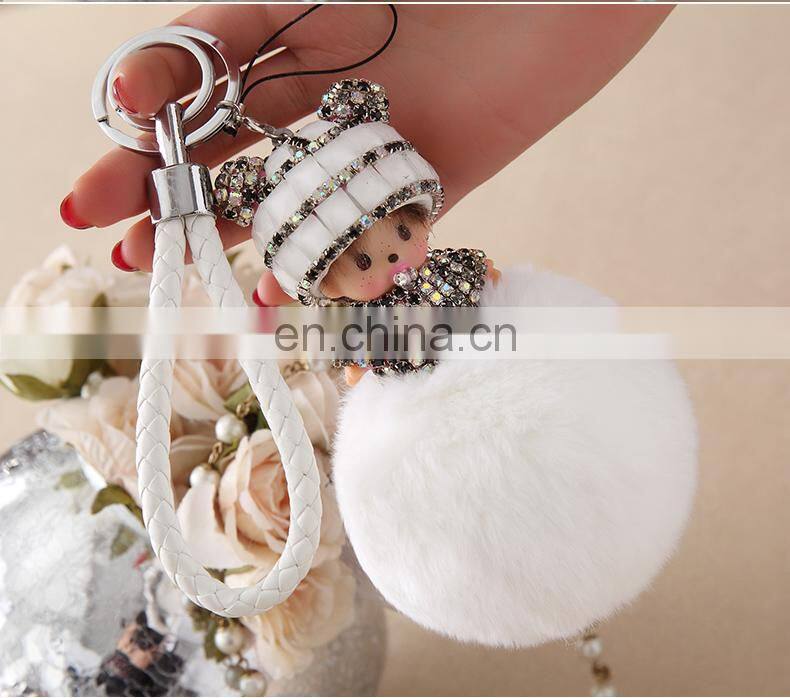 Lovely Monchichi Key Chain Luxury Crystal Key Ring Monchhichi Keychain