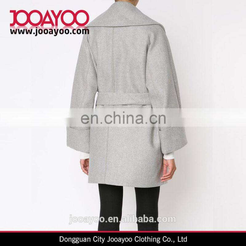 New season women wear light grey virgin wool blend wide lapels double breasted coat