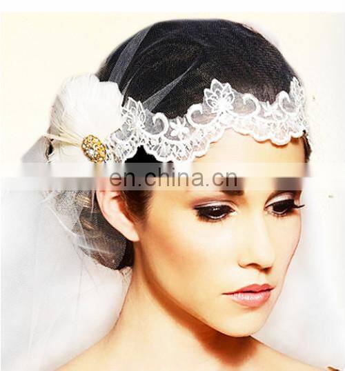 Newest Design! High Quality Bridal Feather Headpiece Crystal Wedding Head Decoration And Mid-length Veil With Lace For Women