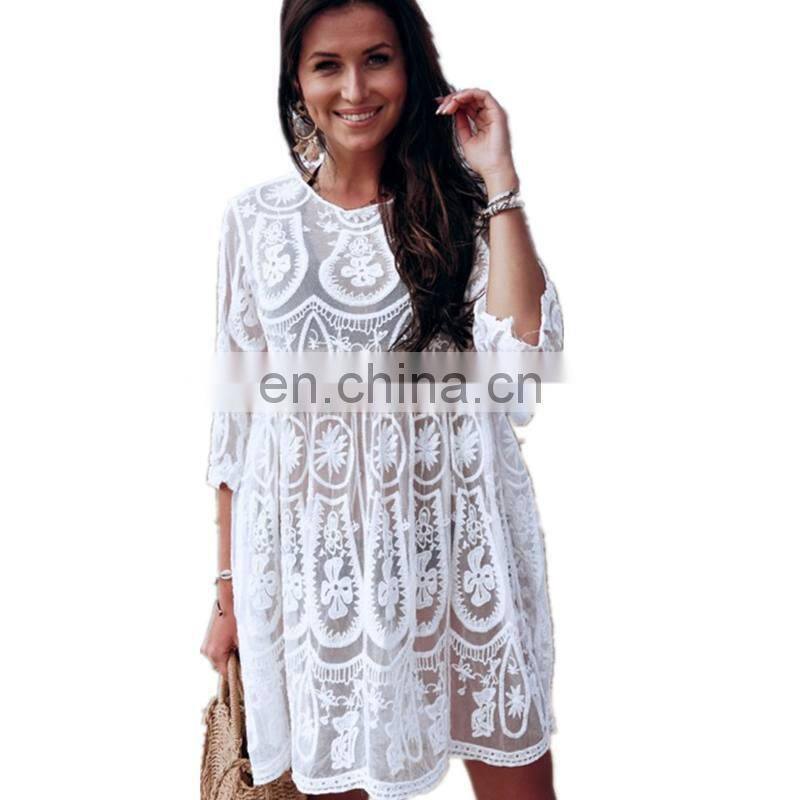 Summer Swimsuit Lace Crochet Hollow Beach Bikini Cover Up Women Tops Swimwear Beach Dress White Beach Tunic Loose Shirt
