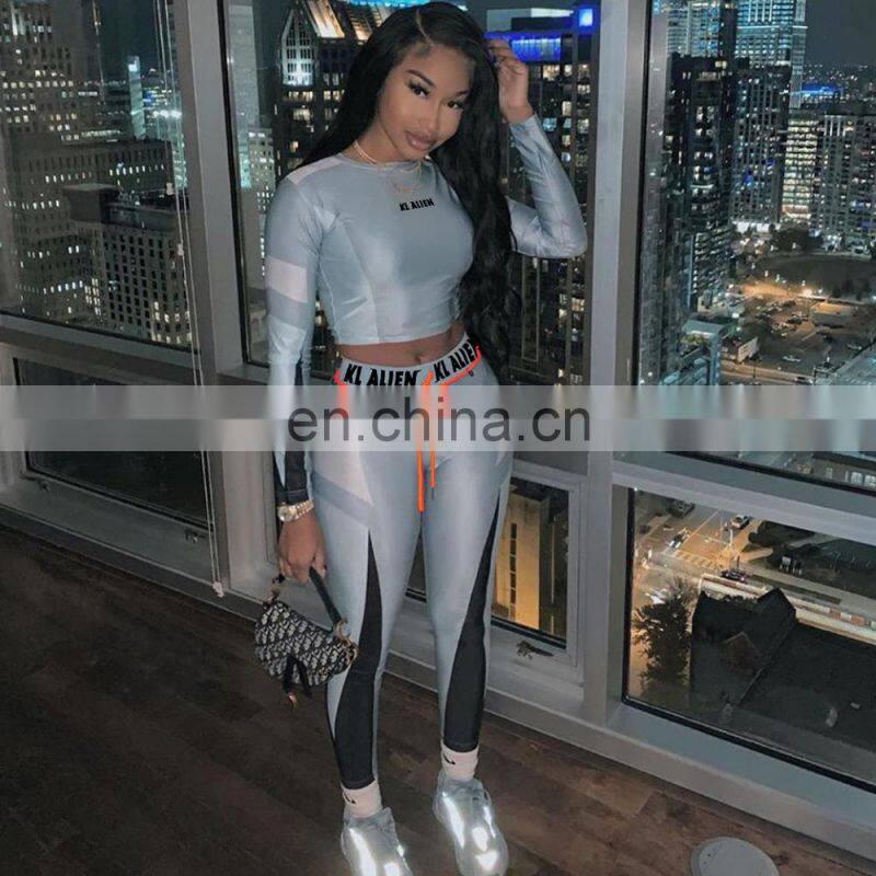 Wholesale printed fitness sportswear yoga suit ladies 2-piece long sleeve crop top leggings sportswear suit