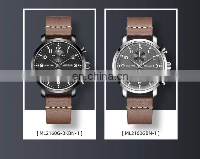 MEGIR 2160 Fashion Leather Stainless Steel Waterproof Chronograph Sport Wrist Watches Quartz Watch Man