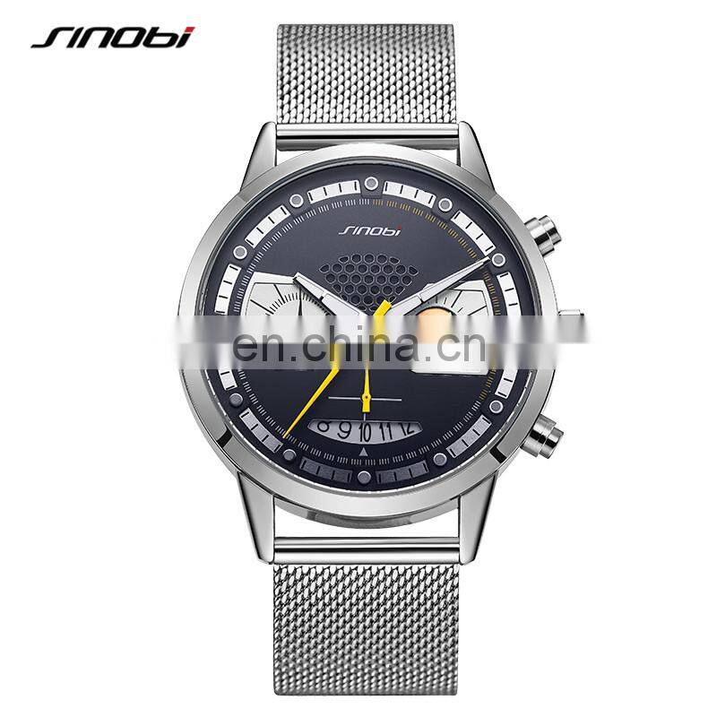 SINOBI Men Masculinity Watches Wrist S9814G Creative Human Smile Dial Small Three Dial Watch Chronograph Handwatch
