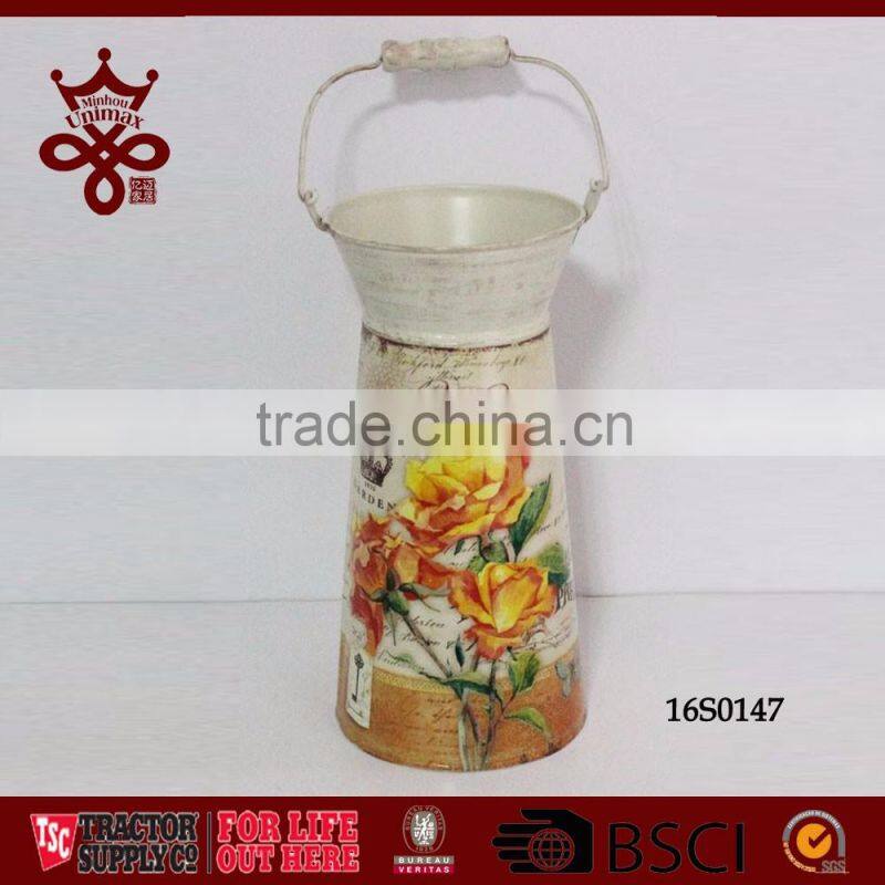 Farm Tools Home Decorative Tall Milk Bucket Tin Pot Wood Handle Metal Milk Tank