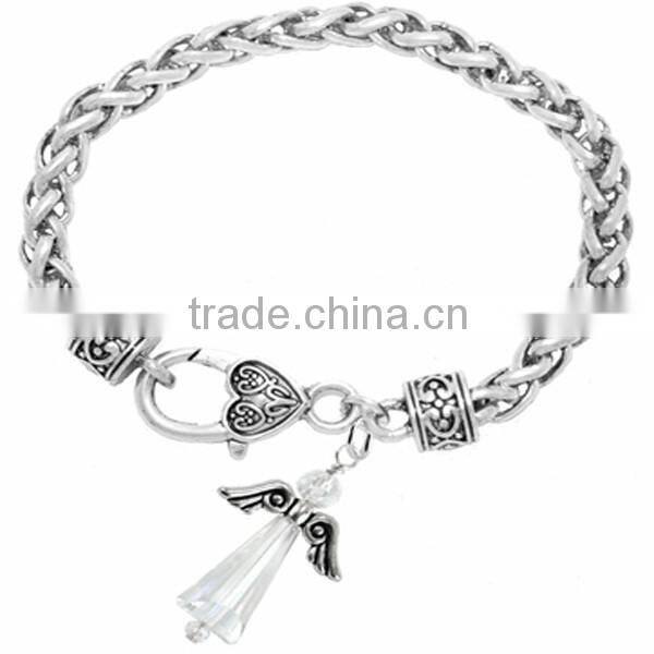 Silver Tone Winged And Genuine Aurora Borealis Crystal Angel Charm Chain Link Bracelet