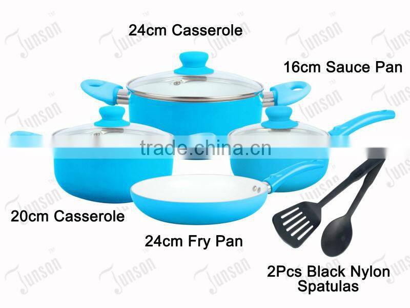 6Pcs White Ceramic Cookware Sets/Aluminum Pressed Cookware Set with Color Paint Handle