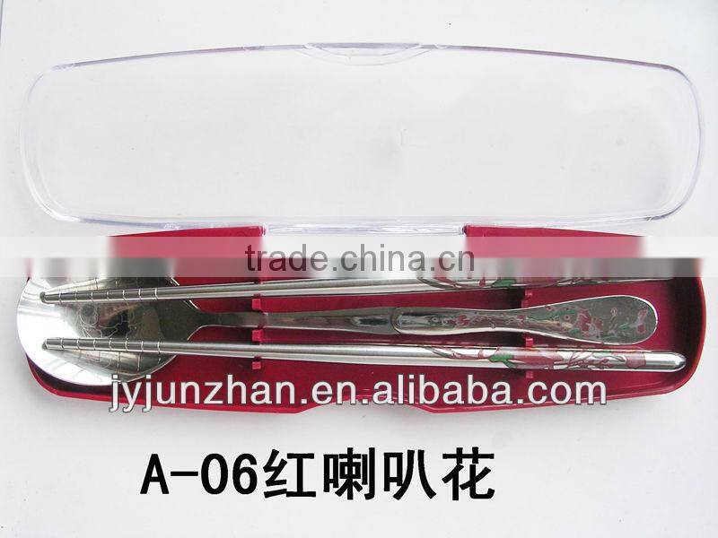 Cheap stainless steel plain spoon and chopstick with plastic box