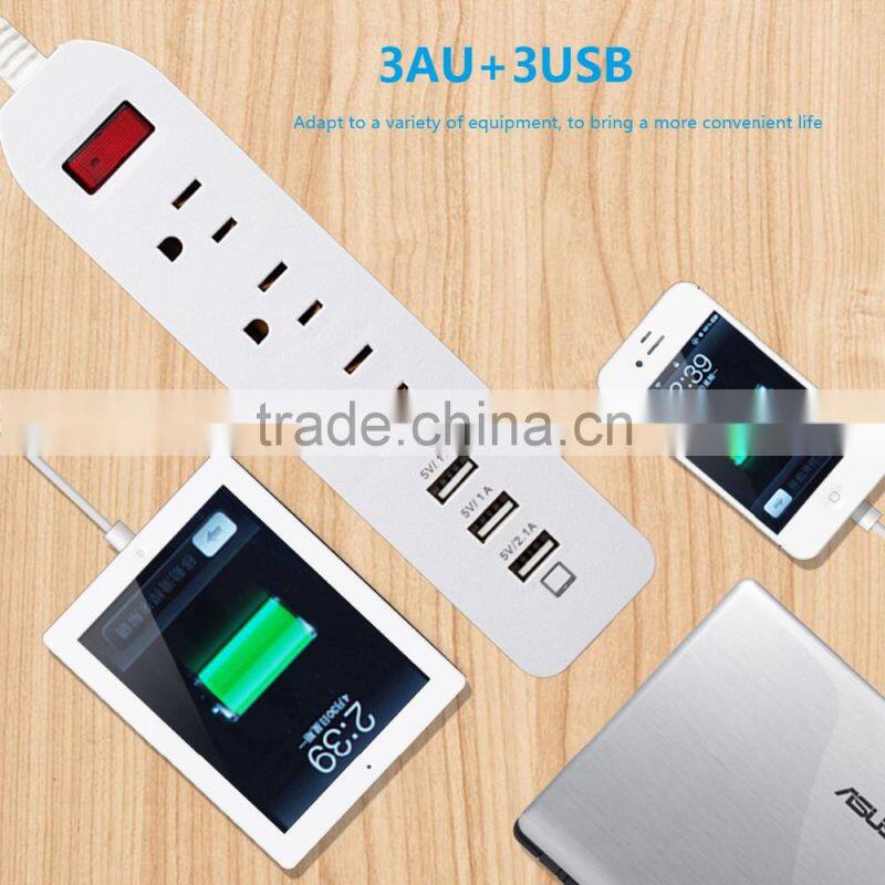 portable 3 gang socket outlet with 3 port usb output 5v 2.4a with switch 10a for USA use