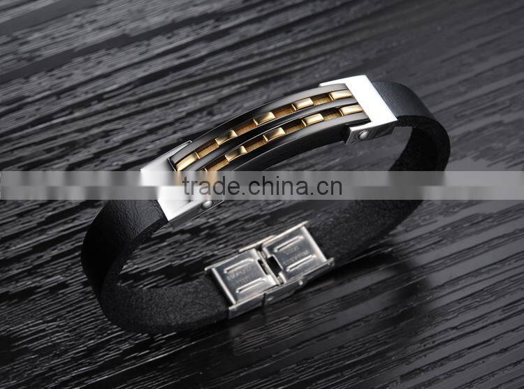 NSSL156 Double ropes high quality heavy men's gold black stainless steel leather bracelet