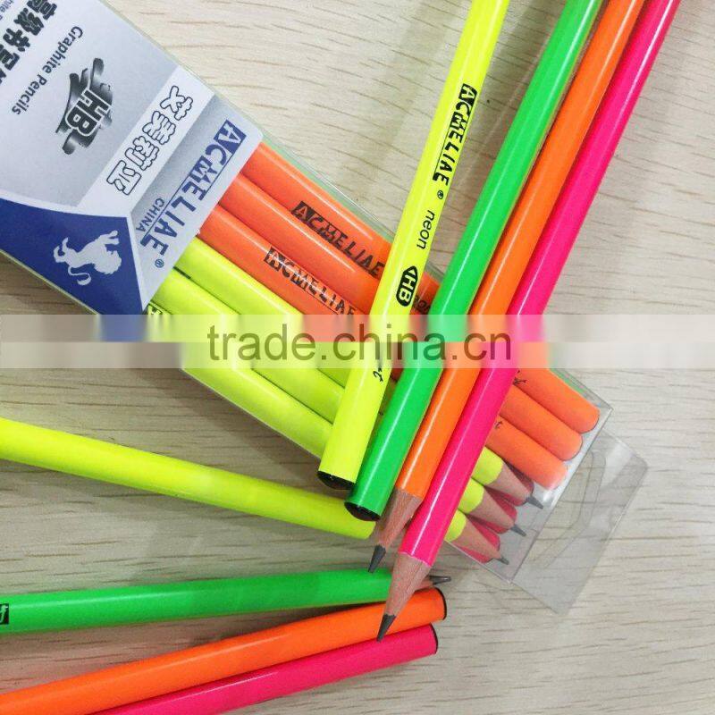 7" standard size round shape neon color body soft wood pencil sharpened with dipped top
