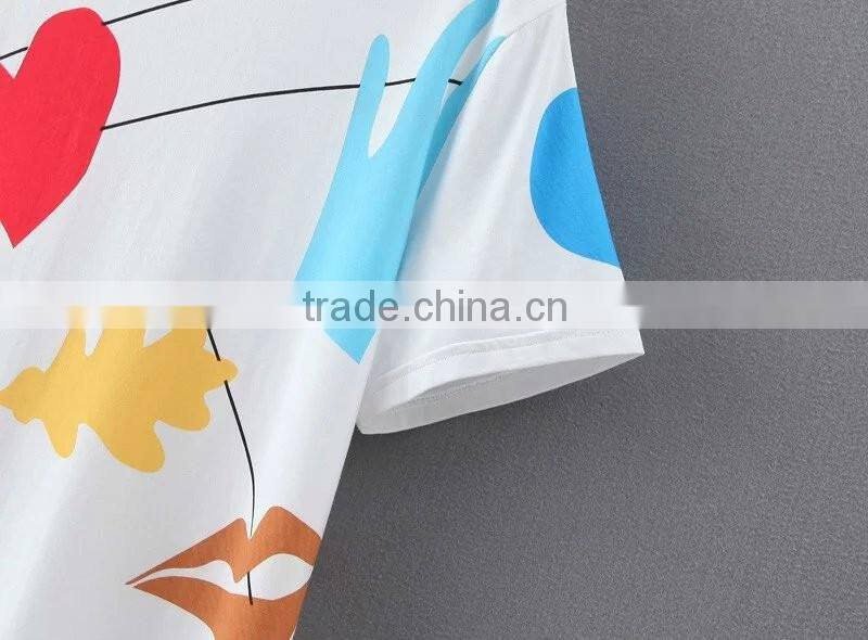 2016 spring summer new fashion printed cotton t shirt of women clothing printed white lady t-shirt
