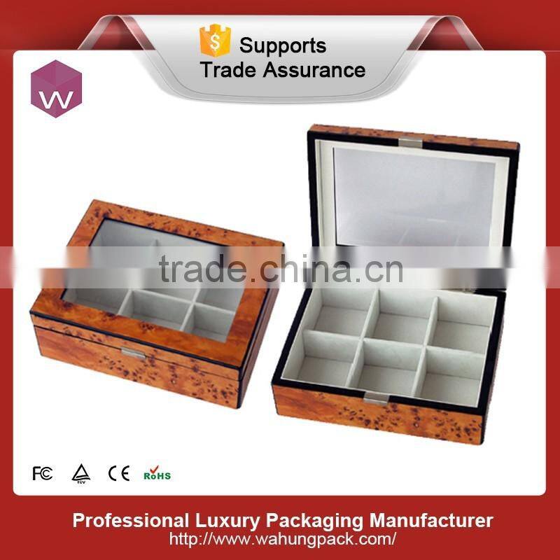 Glass Window Top Wood Veneer Tea Bag Storage Box with Compartments
