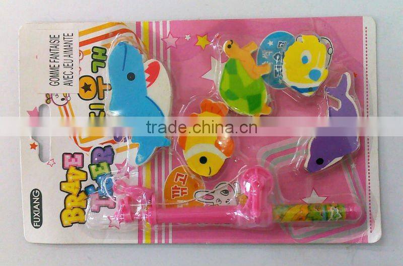 Fish shape eraser with fishing rod