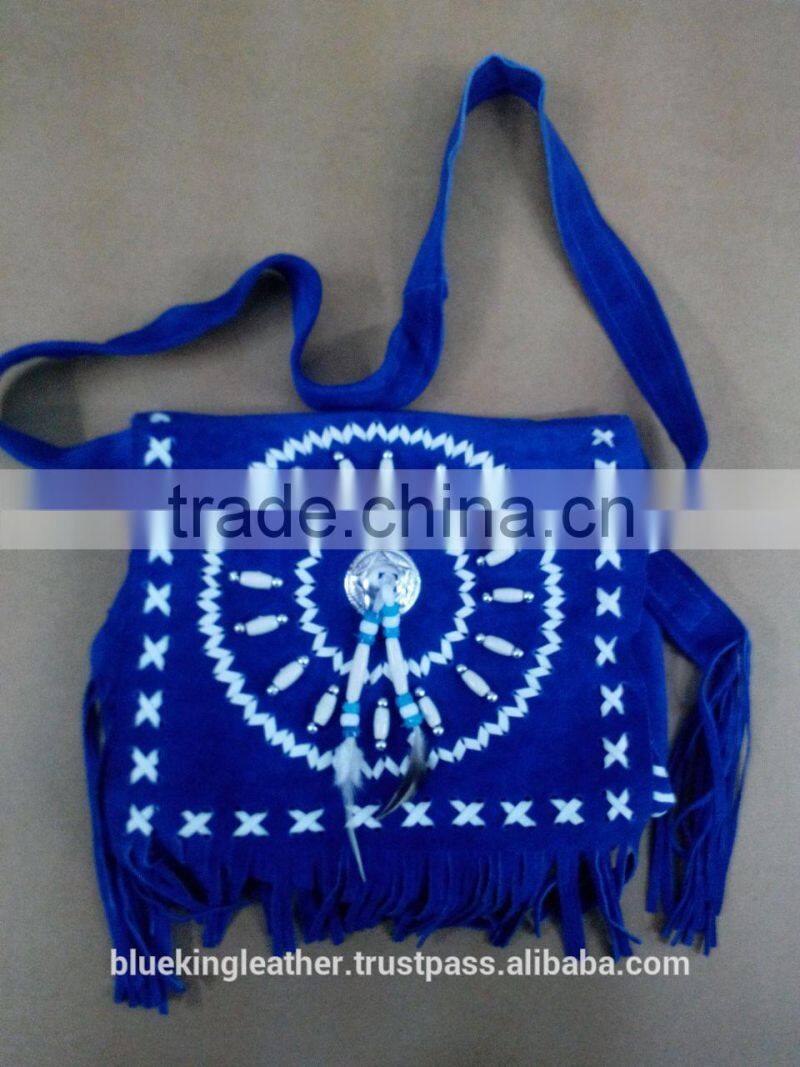 Handmade Western Style Real Suede Leather Beaded Ladies Shoulder Bag Fringed