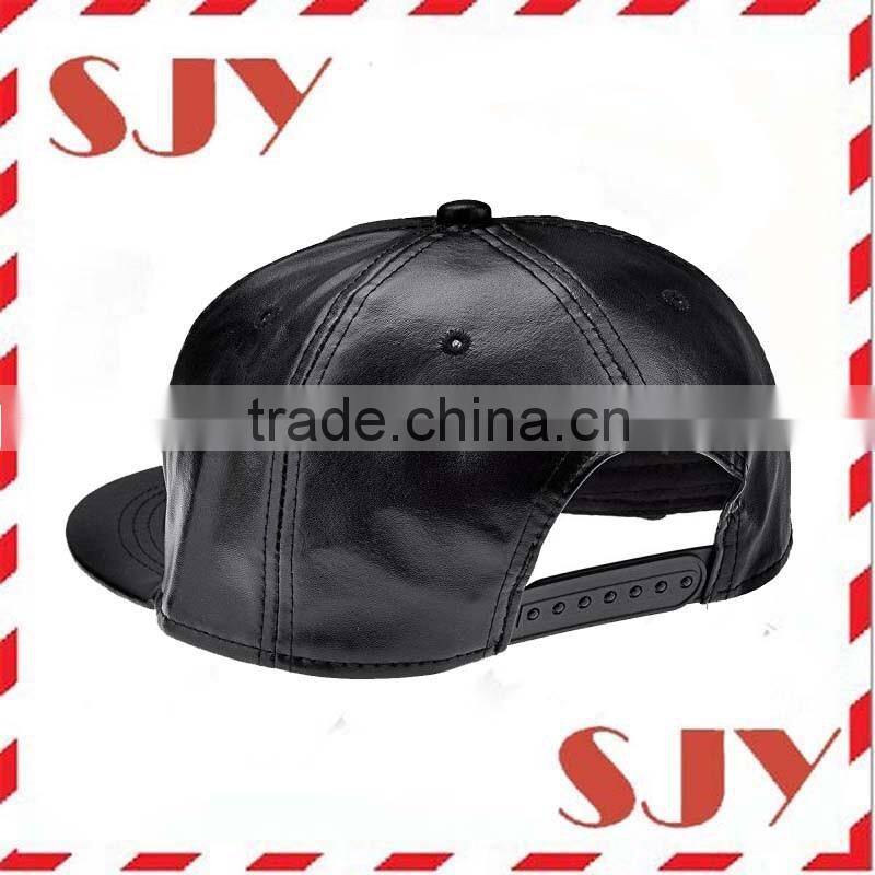 Blank Wholesale Flat Brim 6 Panel PU Leather Snapback Baseball Hat