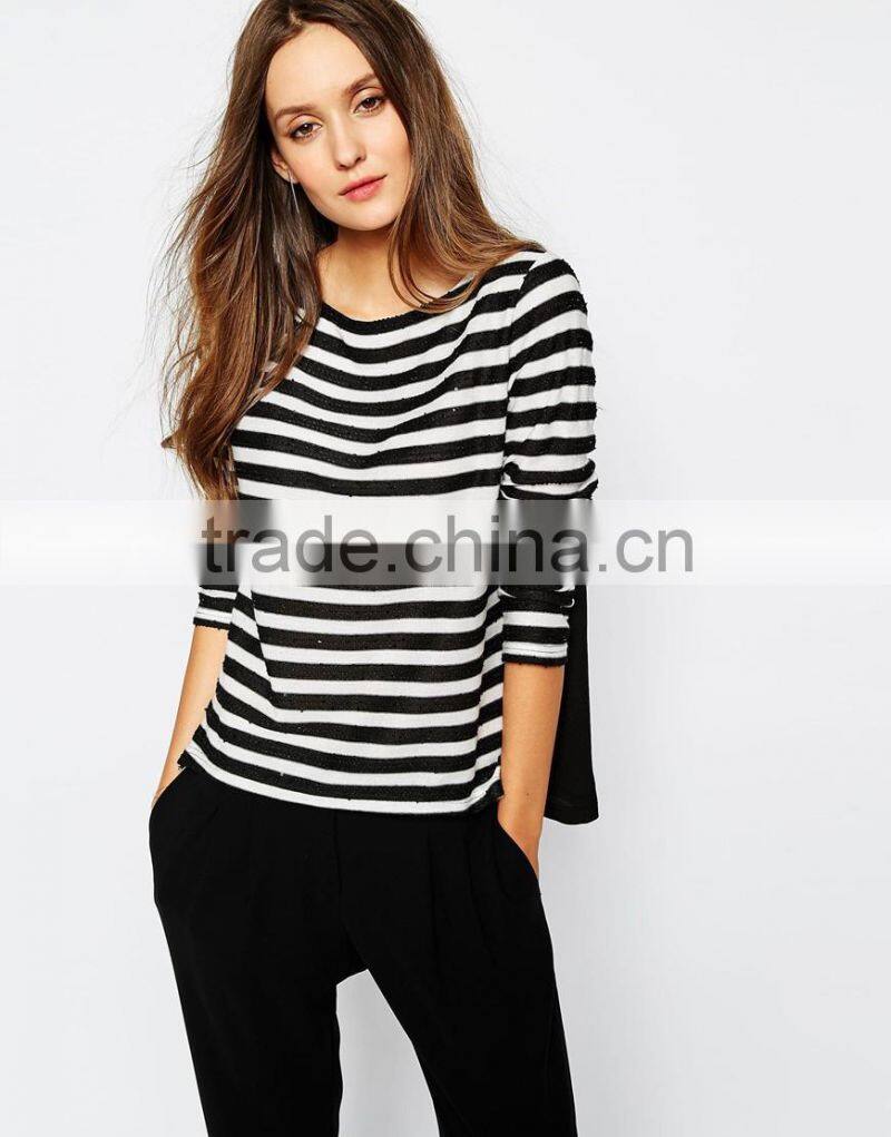 New Fashion Woolen Handmade Stripe Sweater Designs For Ladies Long Sleeves Asymmetric Pattern