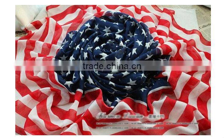 2014 New Fashion American Stars and Stripes Flag Fluffy Stylish Women Chiffon Scarf Wholesale