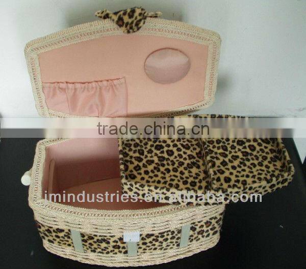 Novelty Leopard Printed Fabric Wooden Sewing Kits Box with Tray Inside