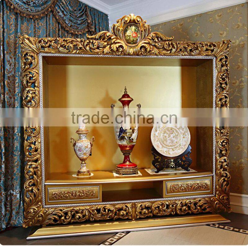 Antique Rococo Design Luxury Floral Carving Display Cabinet/ European Classic Wood Carved Frame 4-Door Glass Wine Cabinet