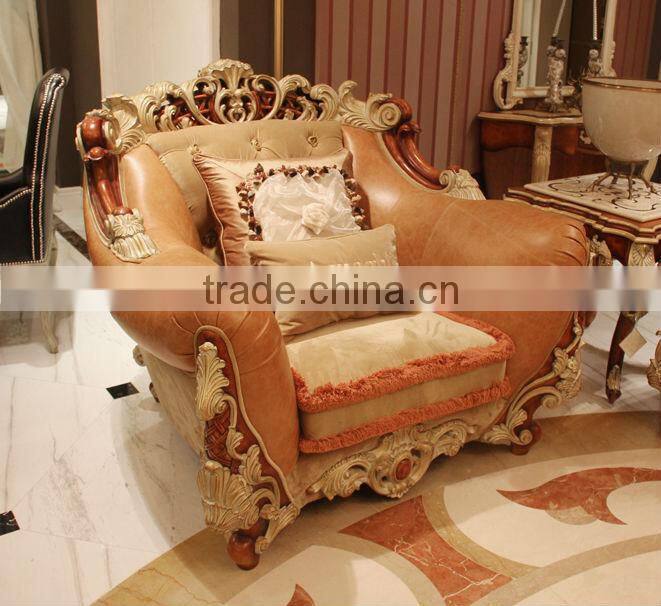 Luxury wooden hand carved one seat white leather sofa