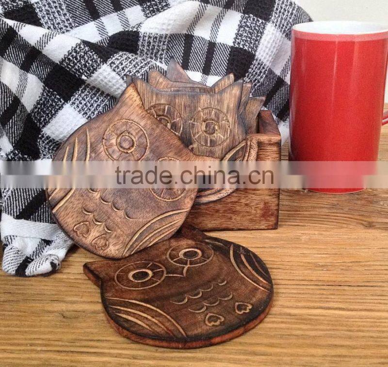 High Quality Wooden Owl Shape Coaster Set with Holder Wooden Travit Set Custom Animal Shape Plant Shape Coaster CNC Cup Mat