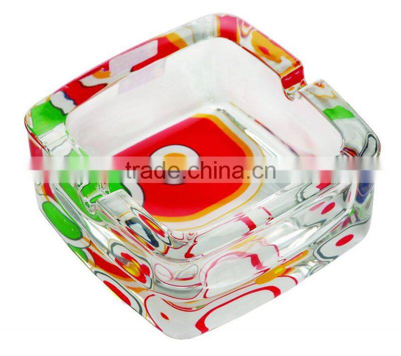 Glass ashtray with decal on bottom,high quality glass ashtray