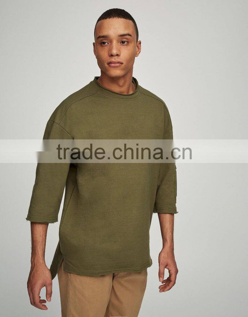 High Quality Men Custom Plain French terry Crewneck Raw Hem Oversized Sweatshirts with 3/4 Sleeve