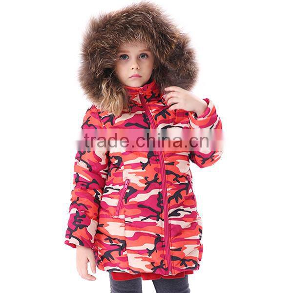 2015 New Design Little Girls' Camouflage Down Jacket With Fur Hoody