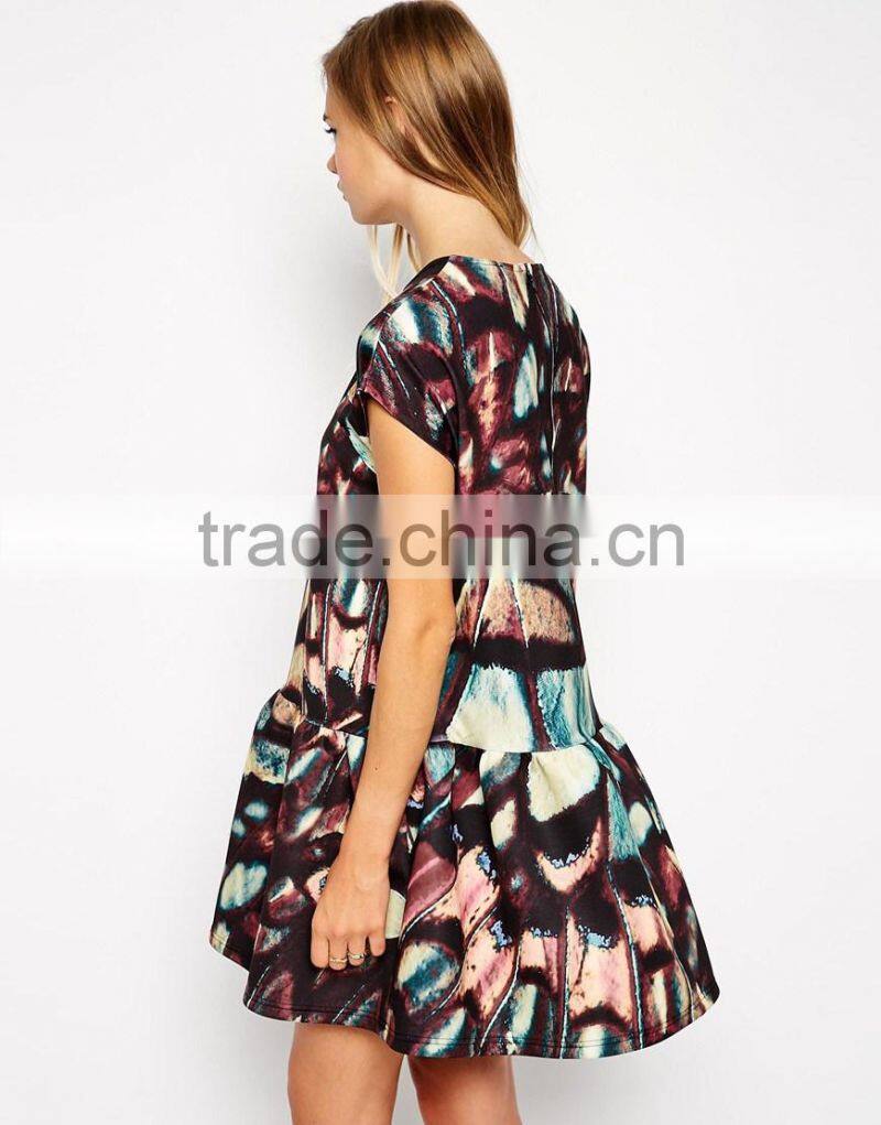 Bonded T-Shirt Shift Dress with Peplum Hem in Wing Print